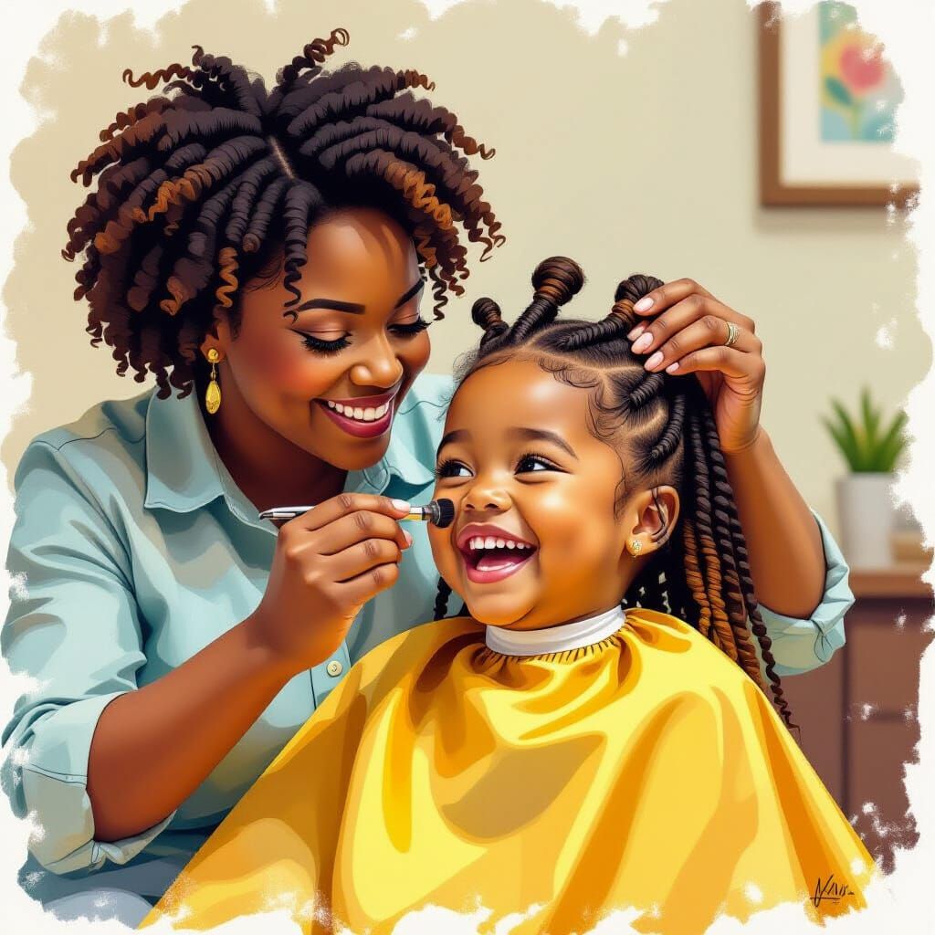 Black Girl's Hair Retwisted by Mother in Colorful Gouache St...