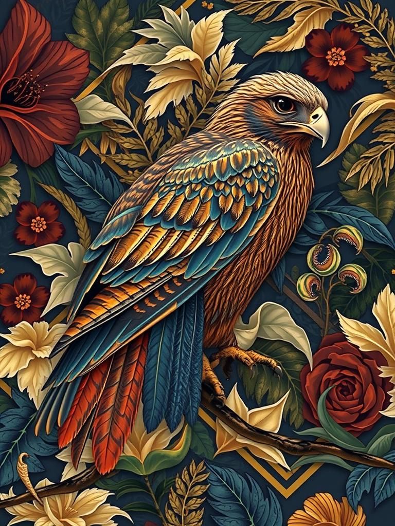 Art Deco Hawk with Tropical Floral Background