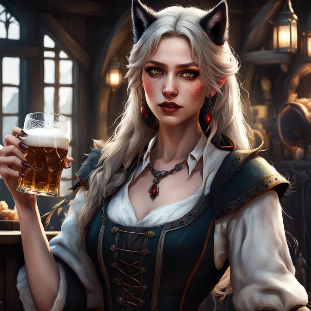 Happy Wolf-Girl Enjoying Beer in Pub, Fantasy Art