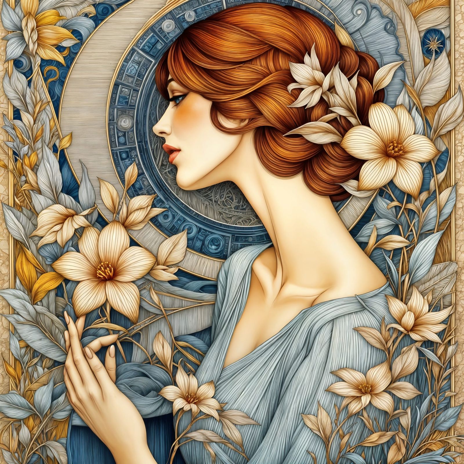 Art Nouveau Woman in Blue Gown with Flowers
