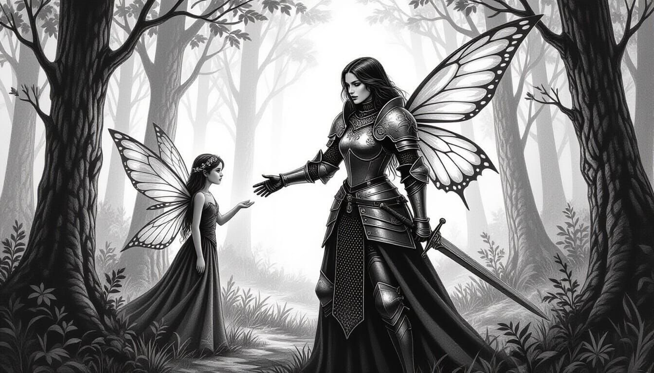 Gothic Knight Guided by Fairy in Detailed Charcoal Drawing