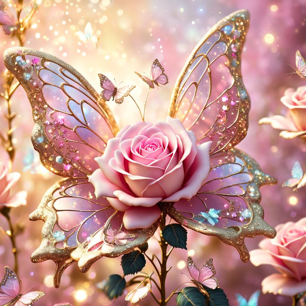Sparkling Sugar Rose with Butterflies in Fantasy Art