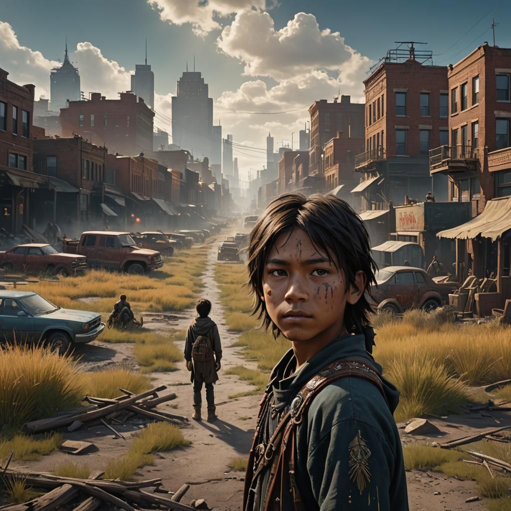 Sioux Boy in Urban-Prairie Landscape, Matte Painting