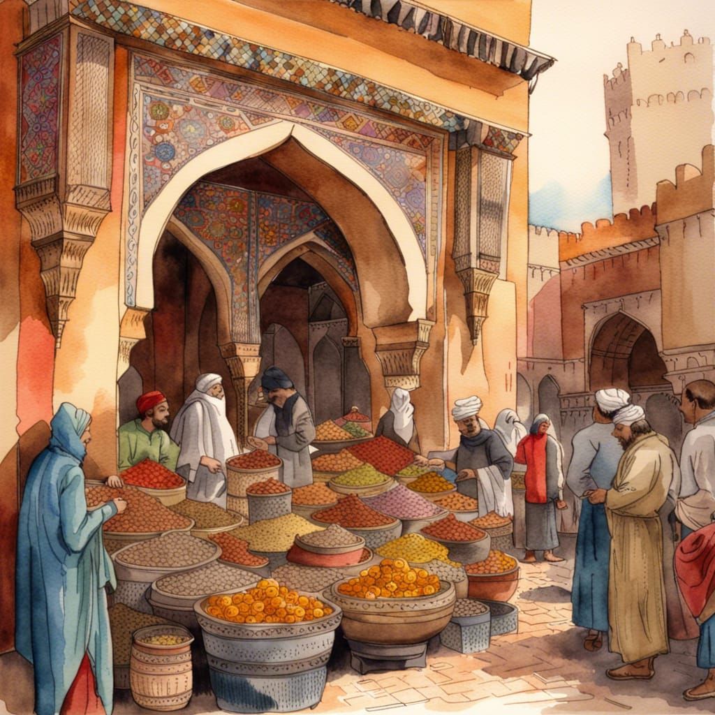 Vibrant Moroccan Market Watercolour Painting