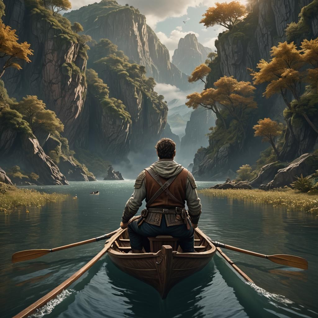 Man Rowing Boat in Detailed Fantasy Painting