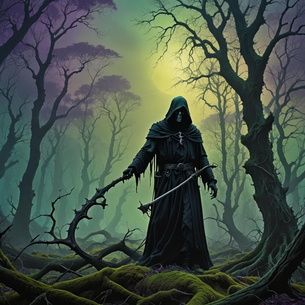 Grim Reaper in Eerie Forest: Dark Fantasy Art