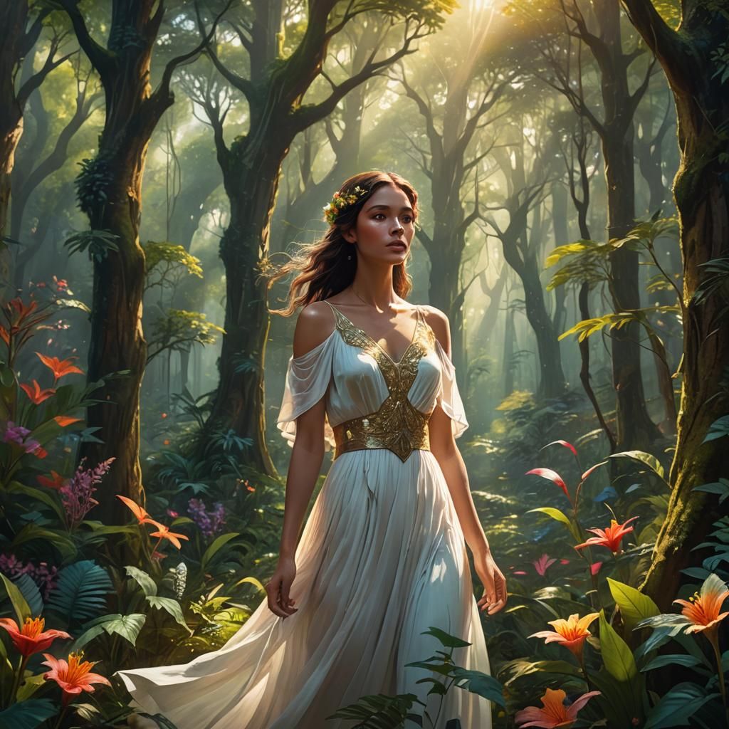 Lush Forest Scene with Serene Woman, Art Nouveau