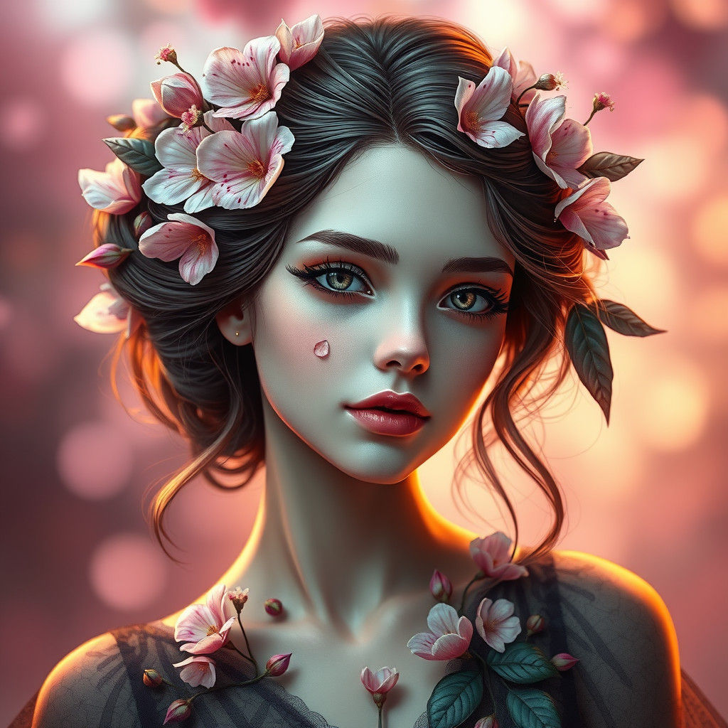 Fantasy Flower Girl Portrait in Art Nouveau Style