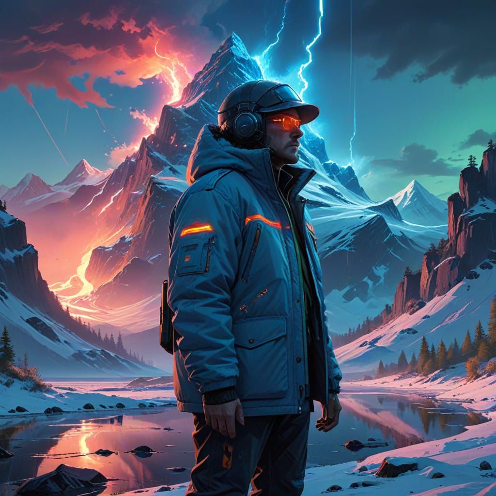 Snowy Mountain Emerges from a Dreamer's Mind in Cyberpunk St...
