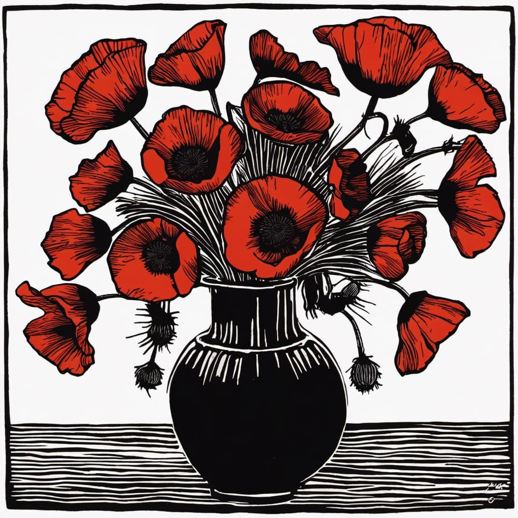 Detailed Linocut of Poppies in Vase