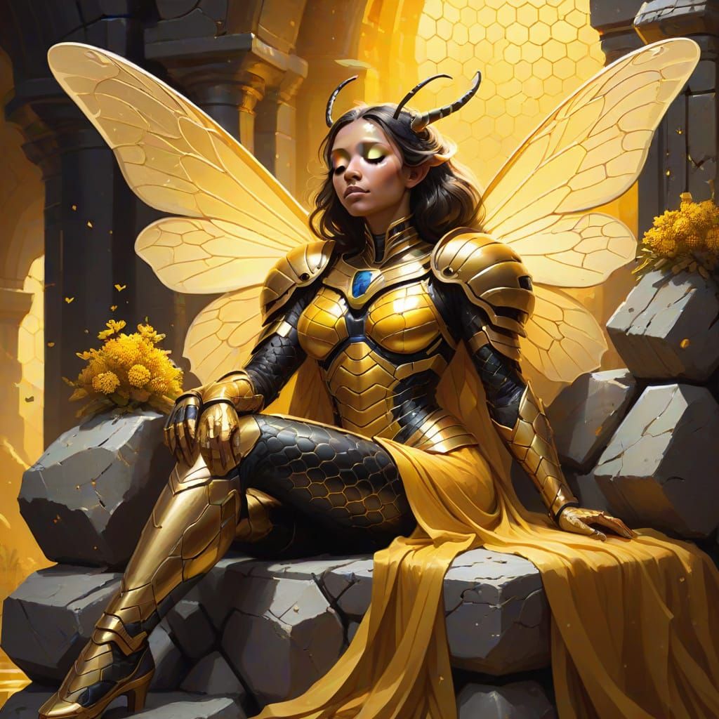 Anthropomorphic Bee Goddess Sleeps on Stone Throne