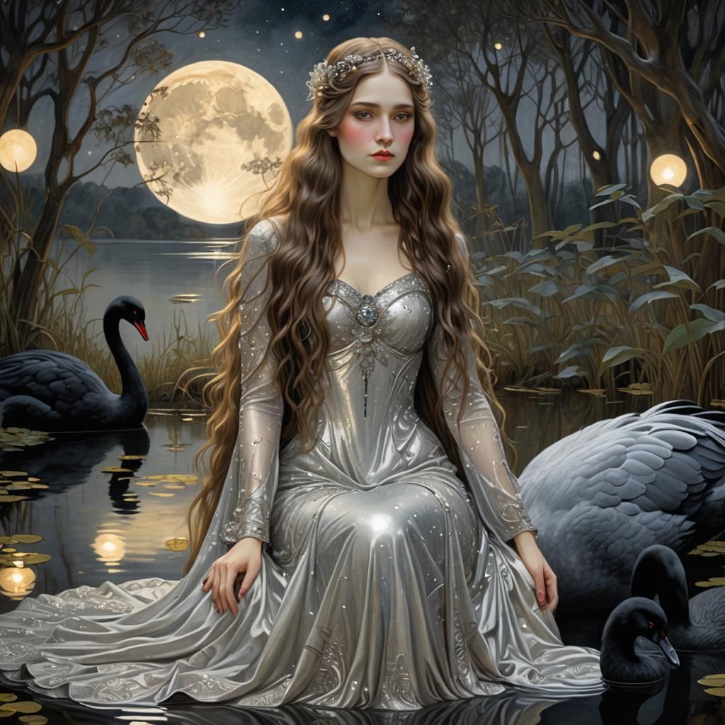 Ethereal Art Nouveau Beauty with Black Swans