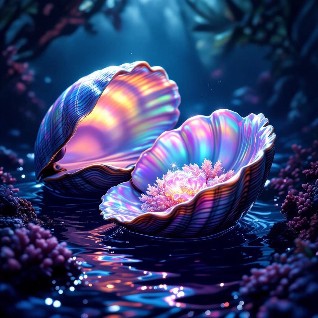 Iridescent Crystal Clams in Dark Fantasy Style