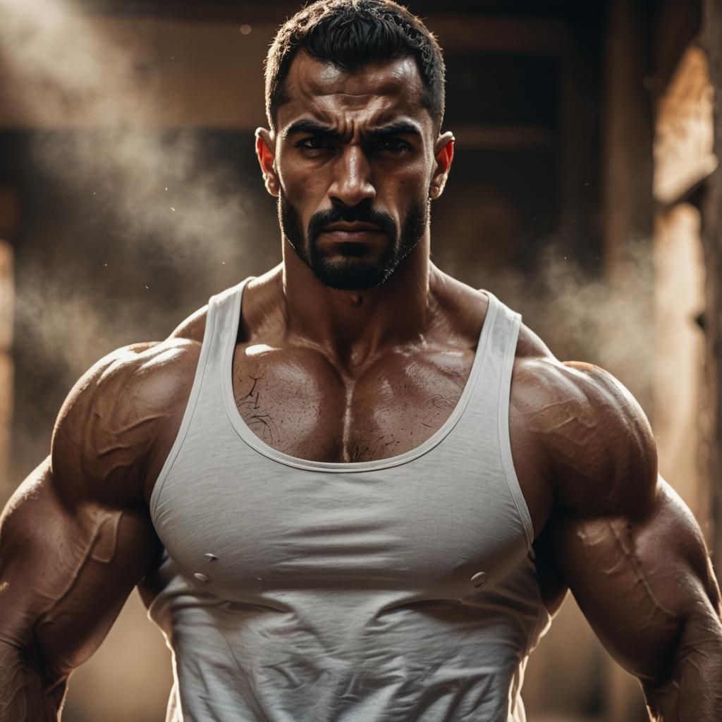 Arab Bodybuilder in Ghutra: Cinematic Film Still