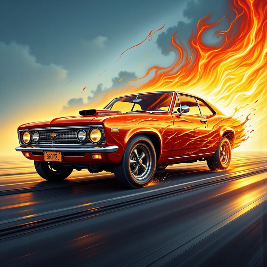 Low Rider Car with Fiery Flames in Retro Art Style