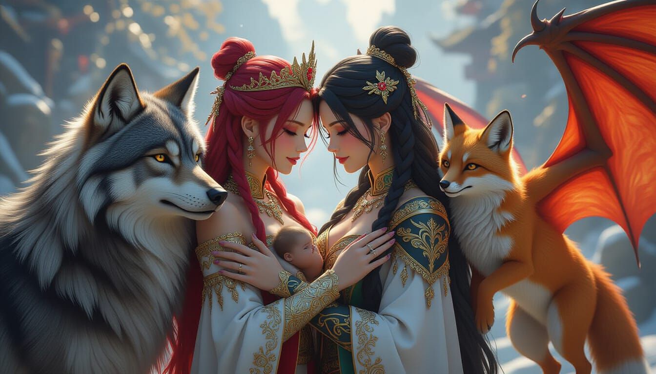 Demon and Kind Princesses Embrace with Mythical Companions