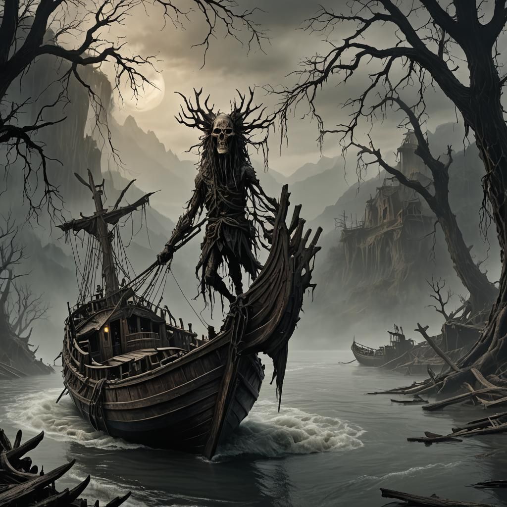 Charon Guiding Ferry on River Styx