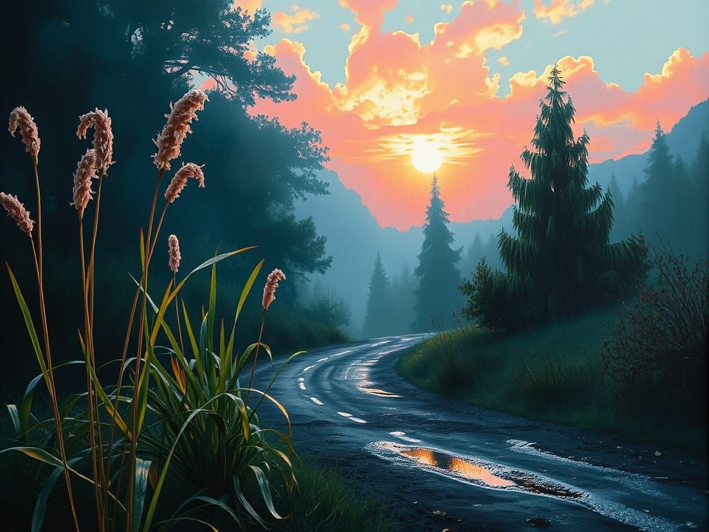 Eerie Lights on Grassy Road in Expressionist Style