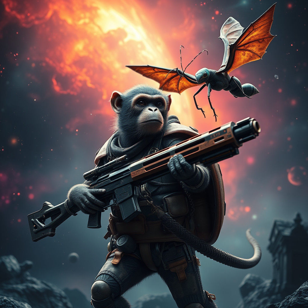 Monkey with Turtle Shell and Dragon Ant in Space