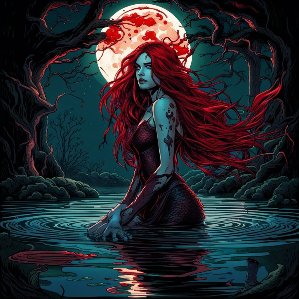 Gothic Mermaid in Pond of Blood, Comic Book Art