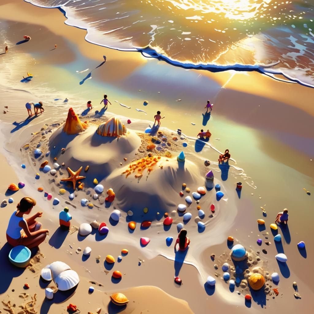 Beach Sandcastles in Golden Hour, Pixar-Inspired Art