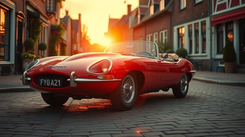 Vintage Jaguar E-Type in Dutch Village at Sunset