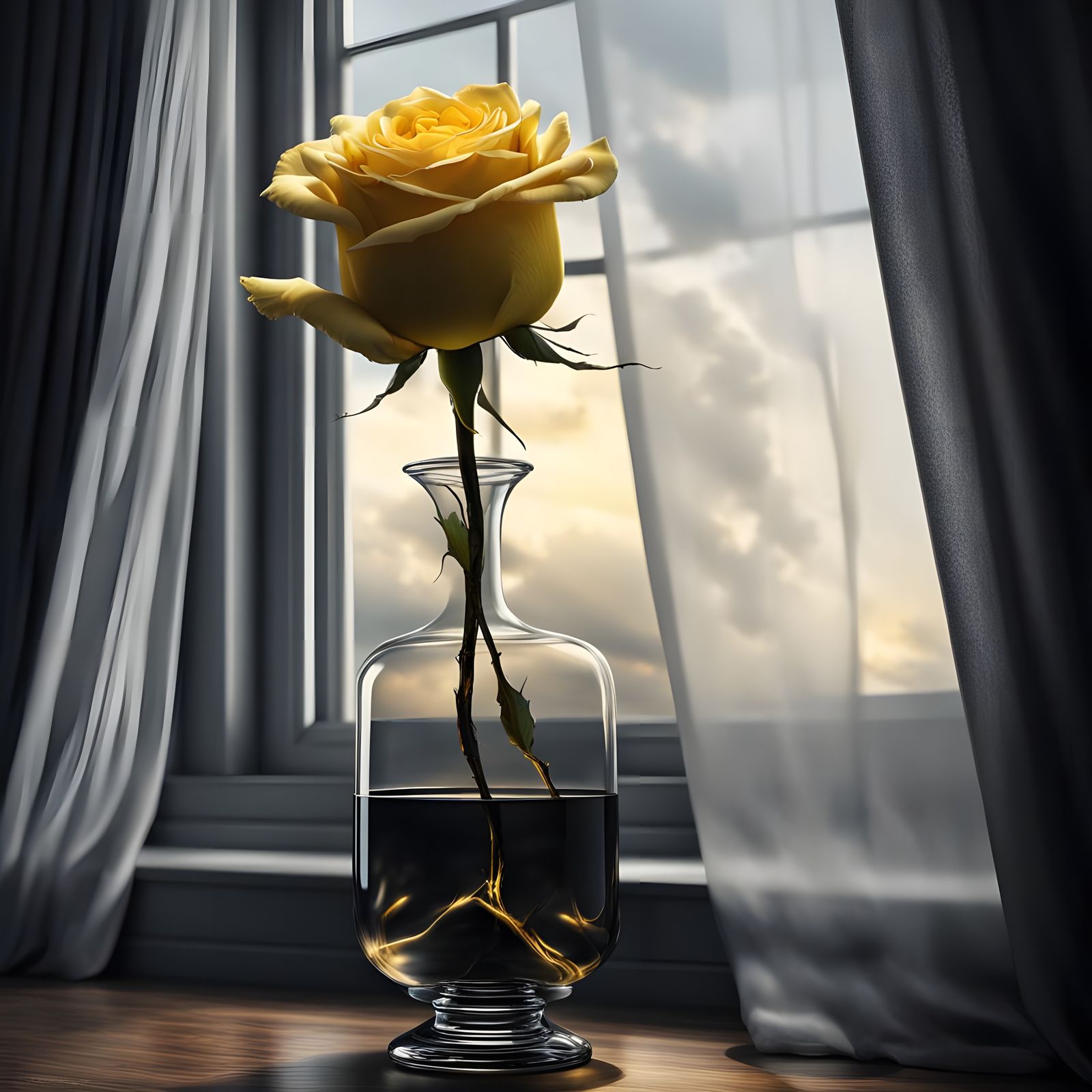 Yellow Rose in Vase with Light and Curtain