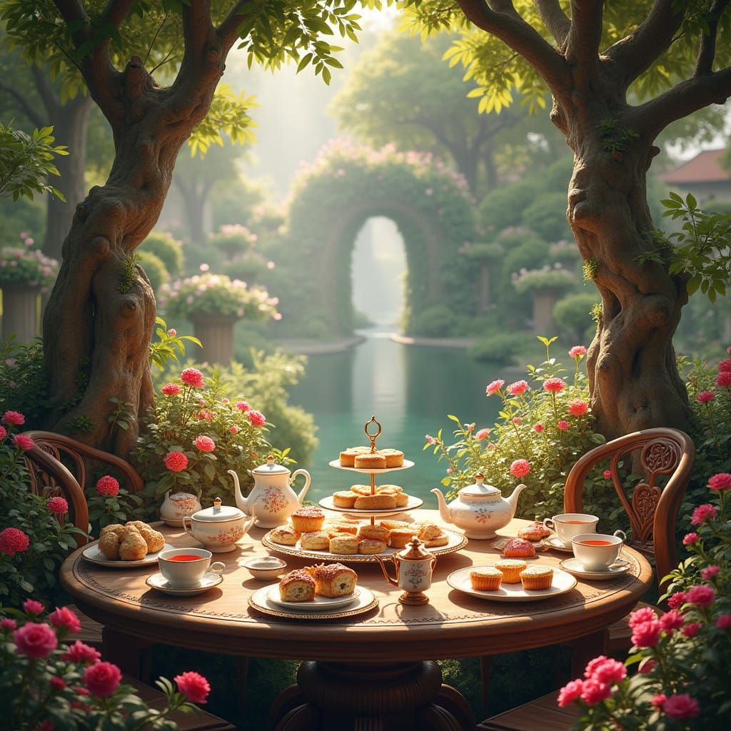 Whimsical Afternoon Tea Garden in Enchanting Fantasy Style