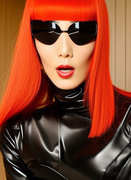 Woman in Latex Catsuit Dreams in Japanese Kitchen