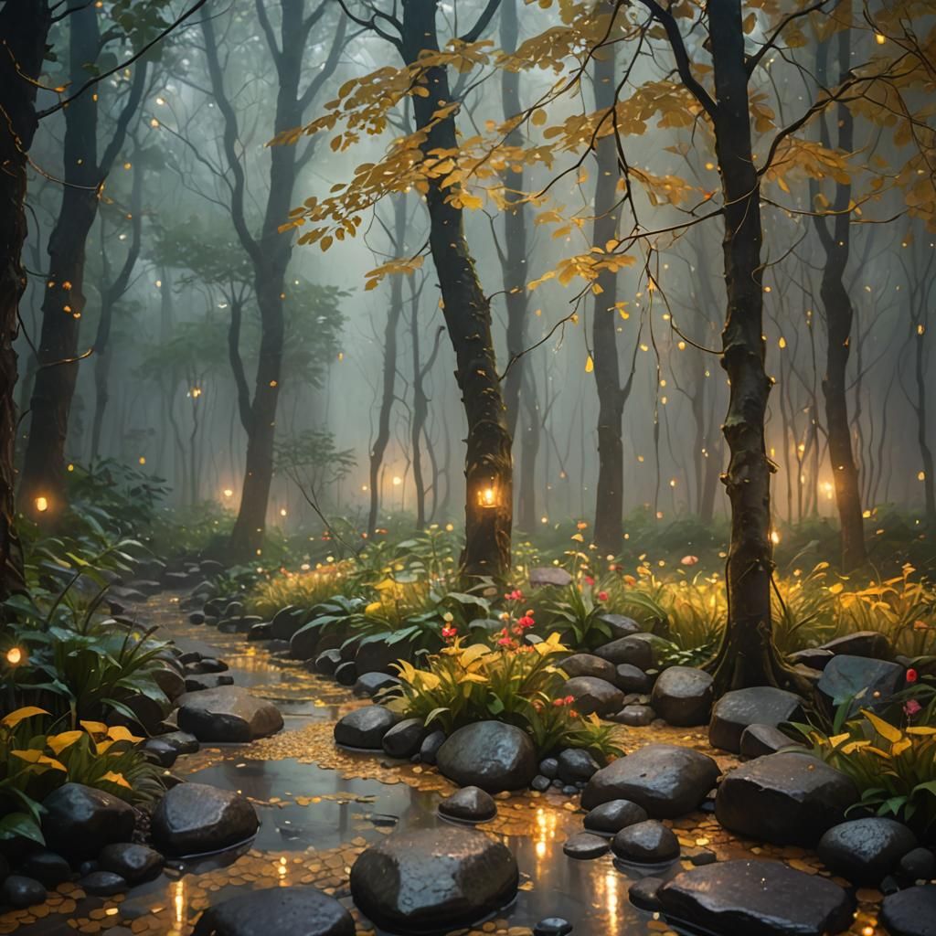Magical Forest at Night in Impressionistic Style