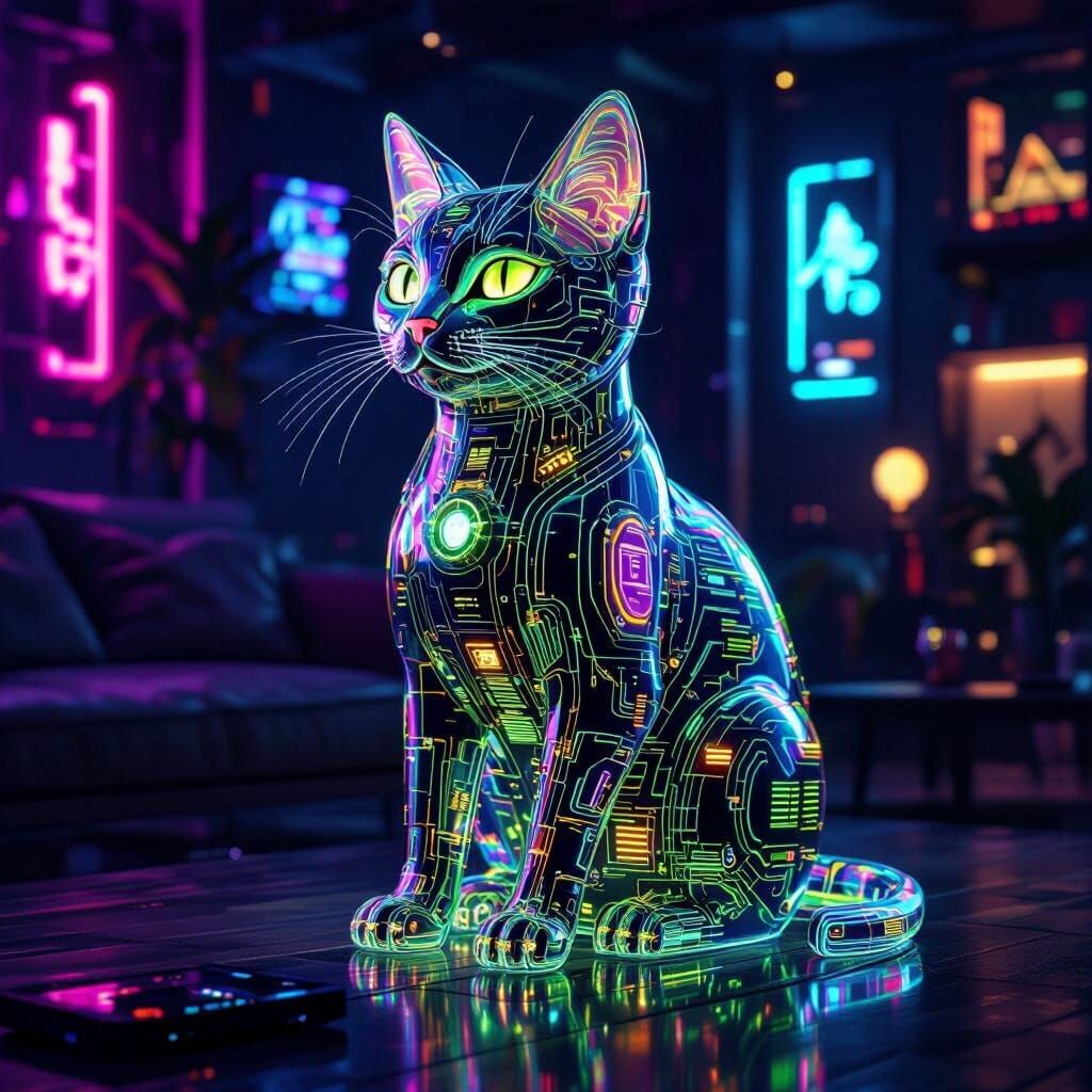 Cybernetic Cat of Iridescent Glass in Neon City
