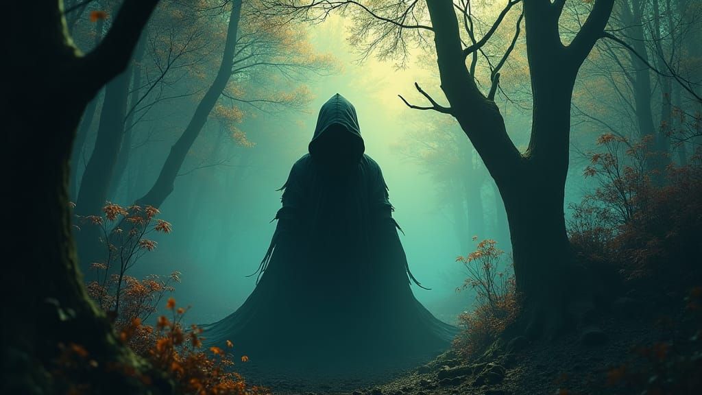 Mysterious Witch Silhouette in Misty Forest