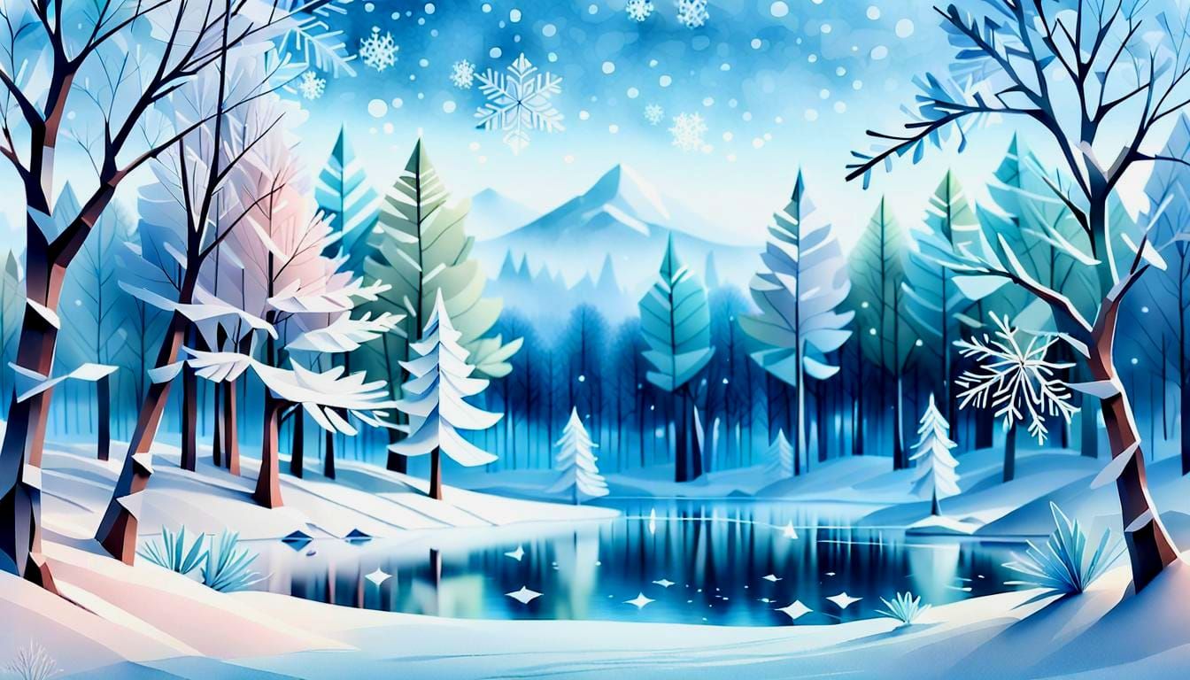 Winter Forest Landscape with Origami Snowflakes