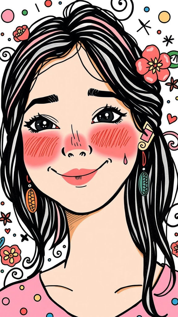 Whimsical Doodle Art Portrait of Smiling Woman
