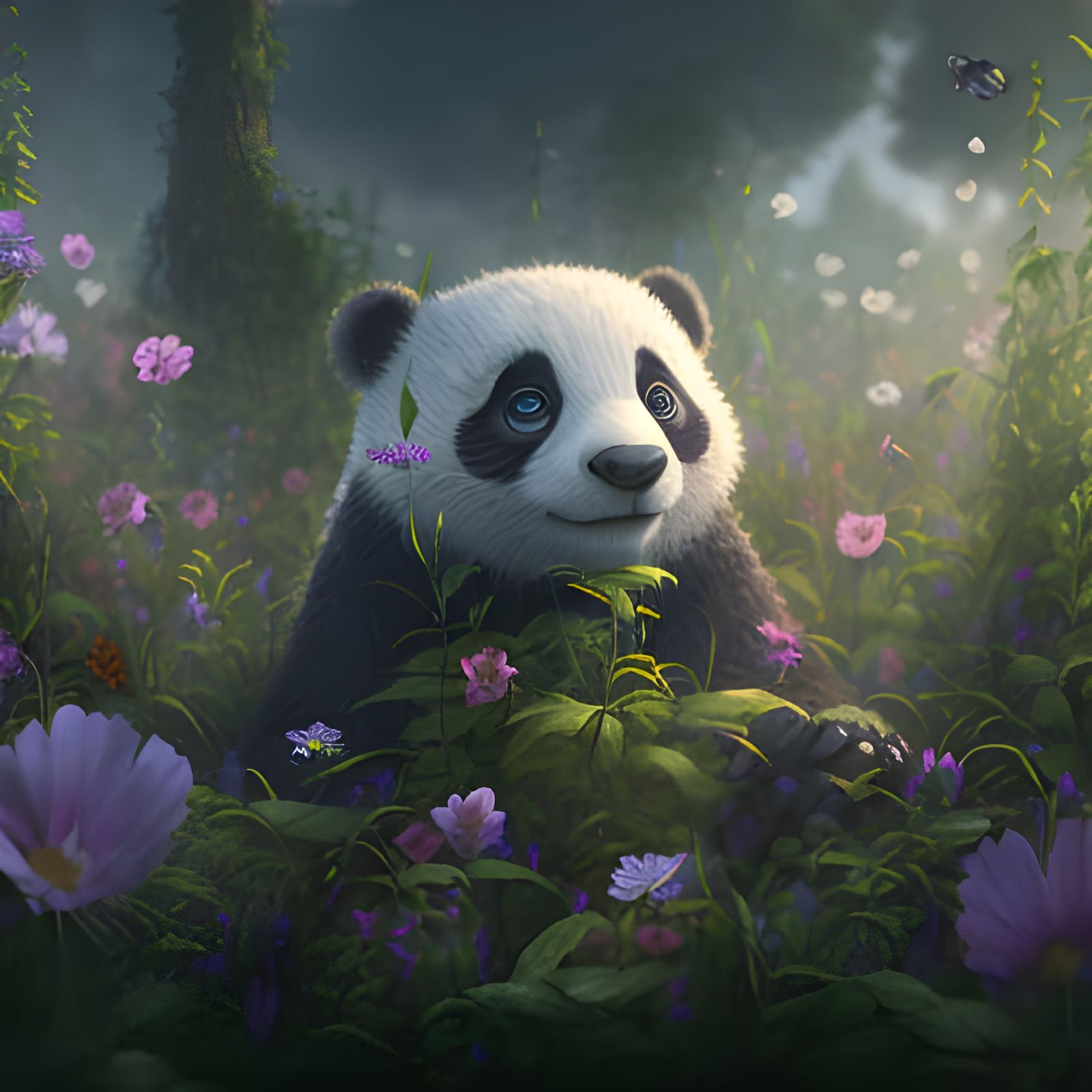 Panda in Pansies Field: High Concept Art