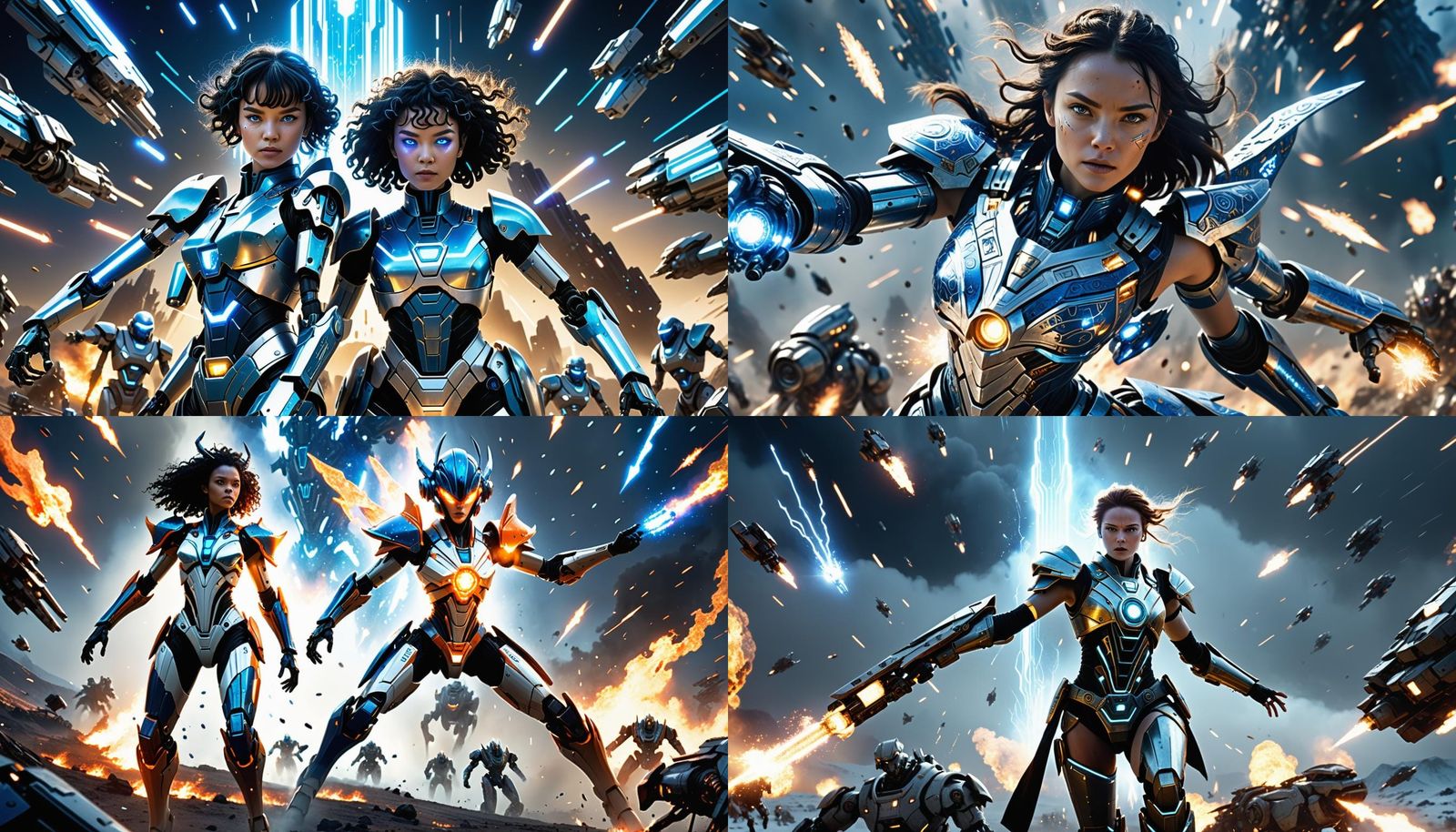 Alien Queen Elara Over Battlefield in Metallic Armor