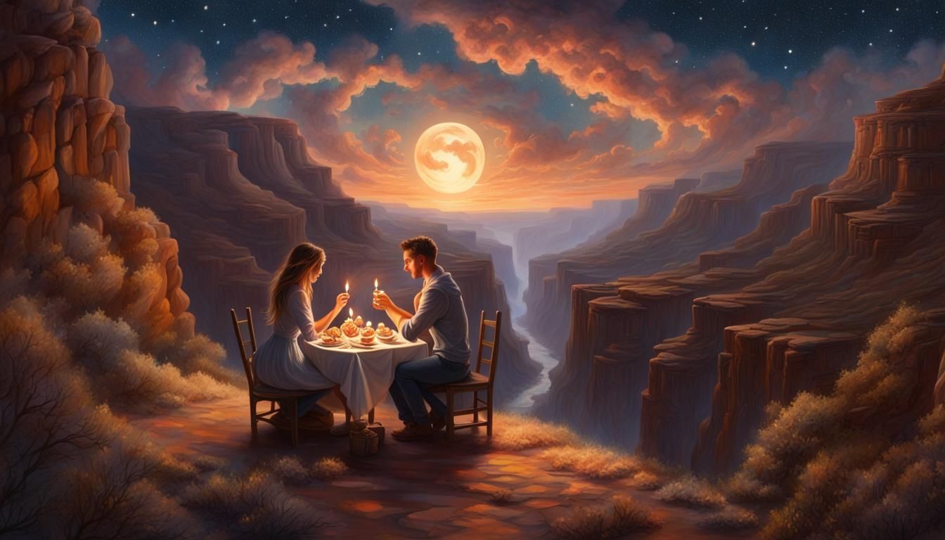 Romantic Candlelit Dinner in Moonlit Canyon Painting
