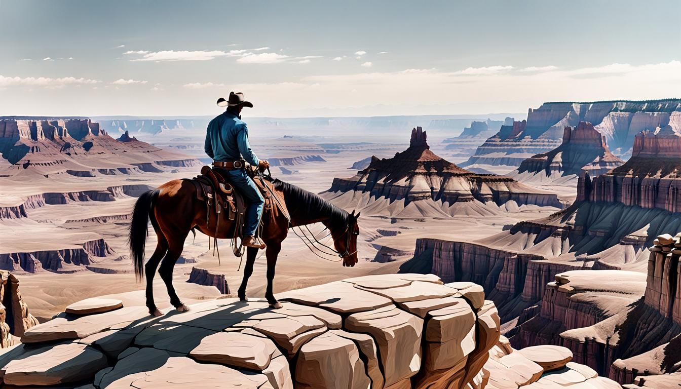 Cowboy Overlooking Badlands: Minimalist Oil Painting