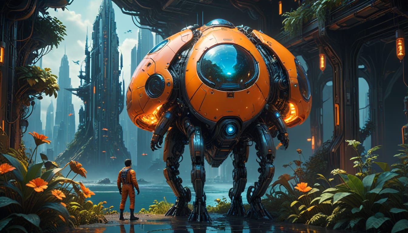 Man Gazes at Futuristic Martian Cityscape with Flying Pod