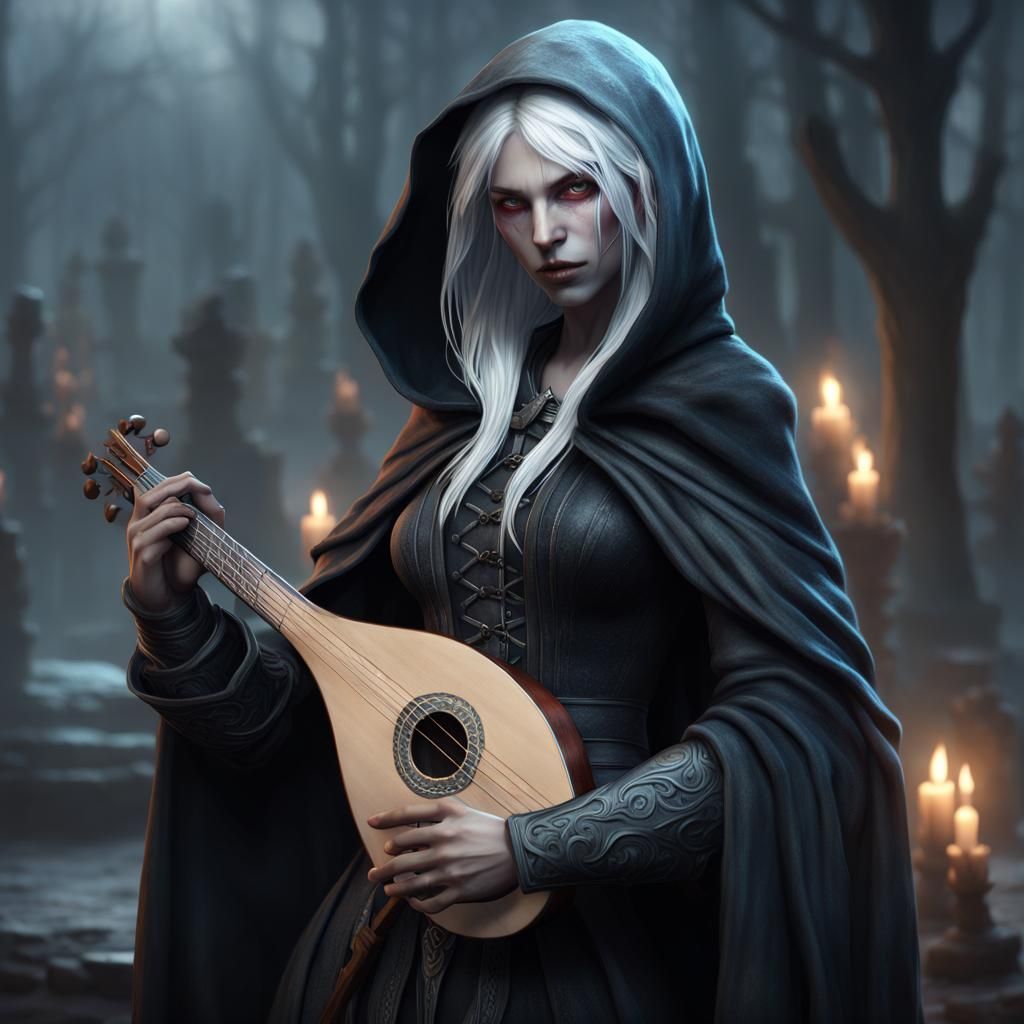 Weeping Elf Woman with Lute in Fantasy Art