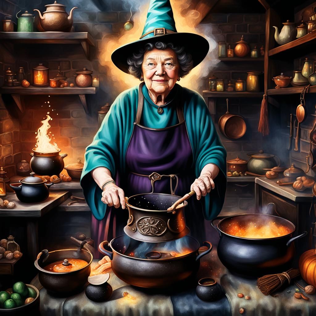 Julia Child as D&D Witch Brewing Magic Potions