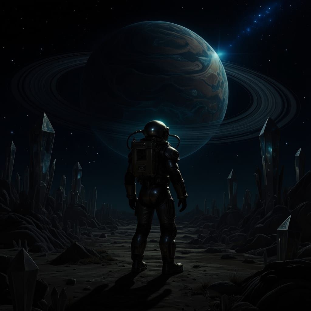 Astronaut in Cyberpunk Forest Under Ringed Planet