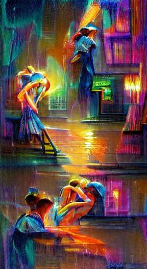 Couple Dancing in Neon Rain, Watercolour Style