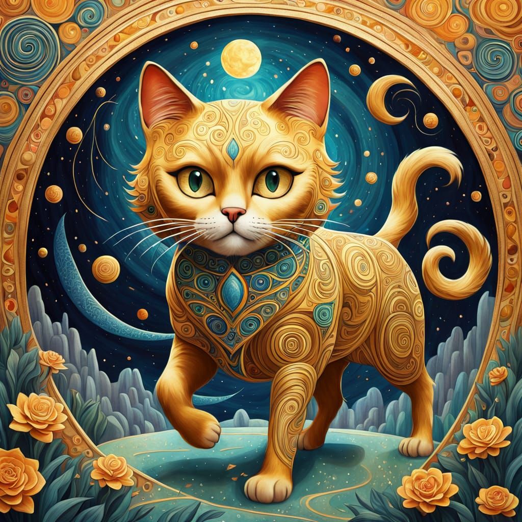 Whimsical Cat in a Golden Moonscape