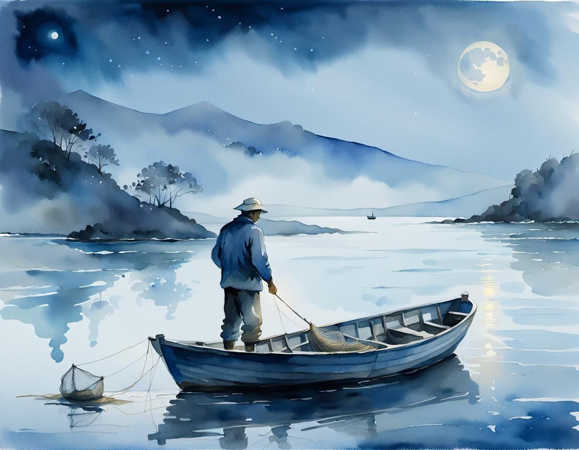 Fisherman Casting Net at Night in Watercolor