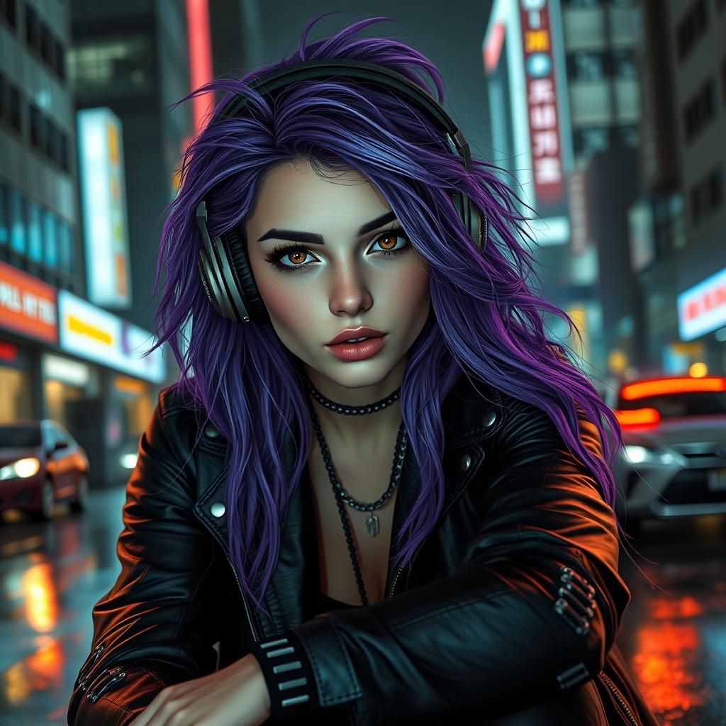 Cyberpunk Woman with Purple Hair in Dystopian City