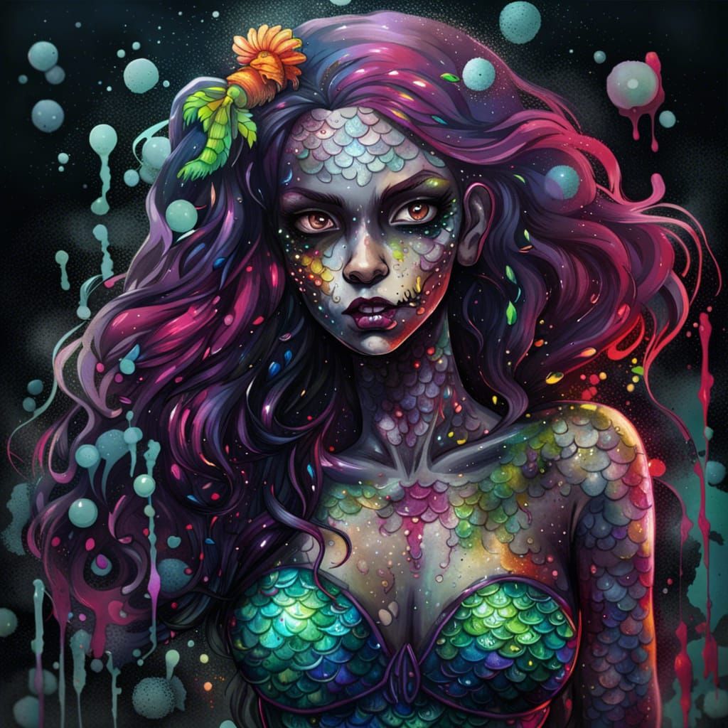 Gothic Zombie Mermaid in Graffiti Art Style
