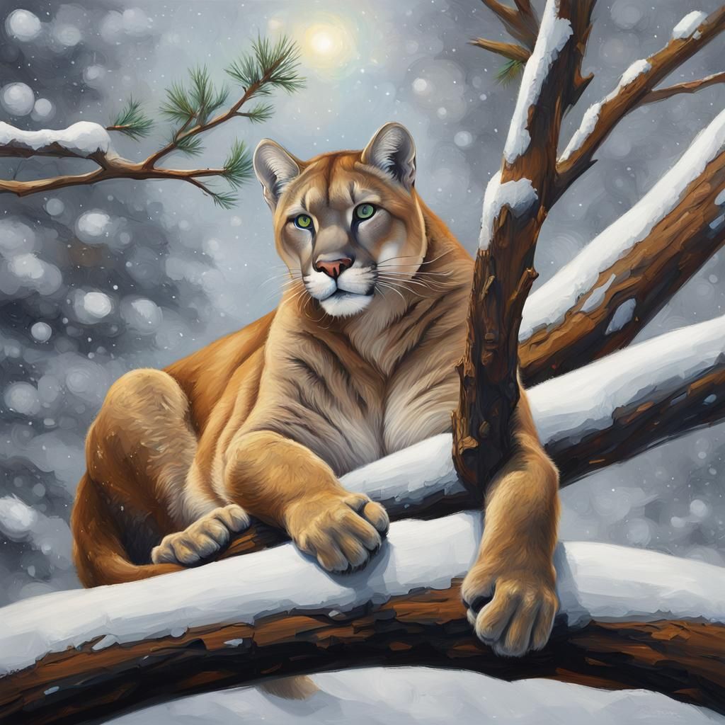 Mountain Lion in Snowy Pines: Oil Painting