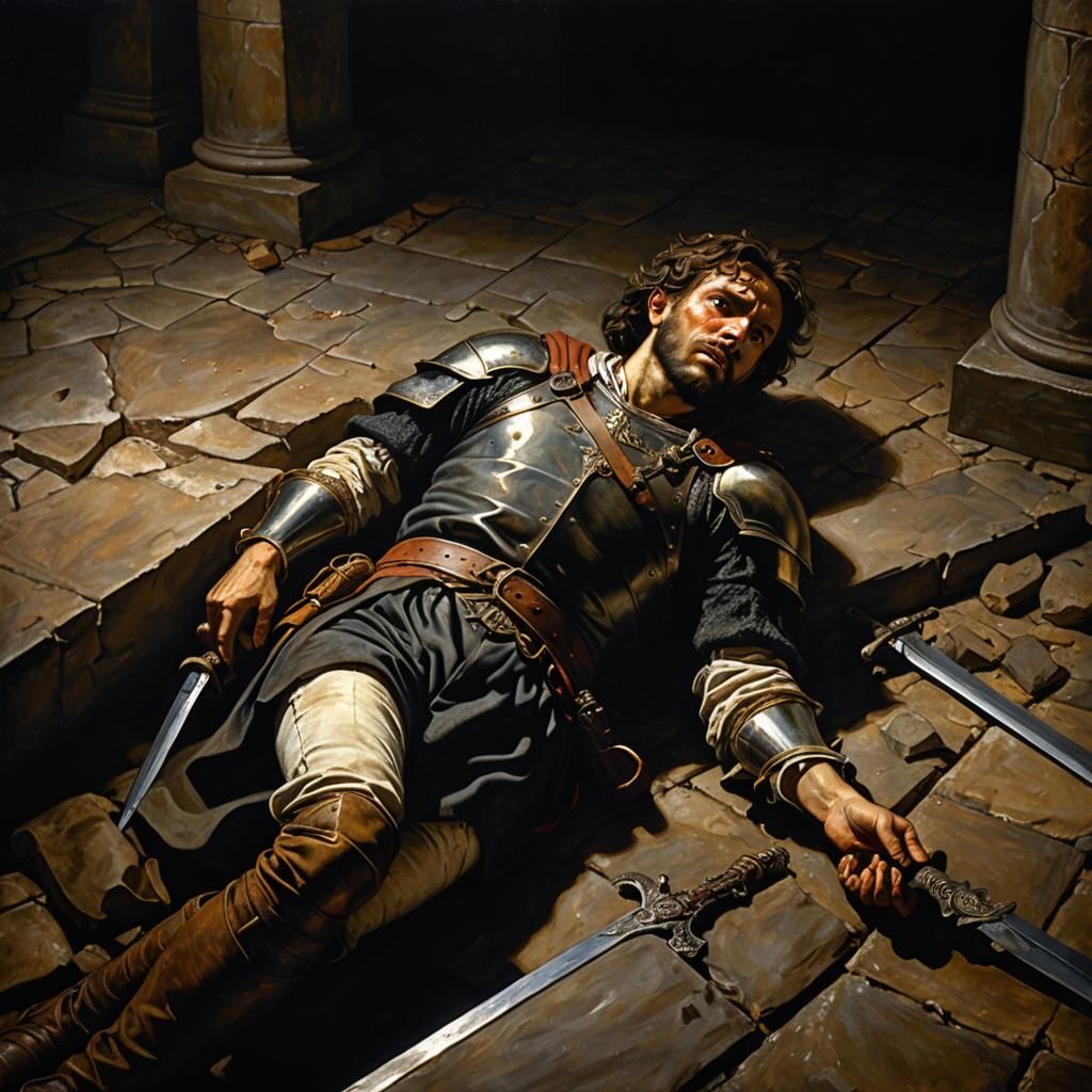 Fallen Hero in Dark Pit: Renaissance Oil Painting