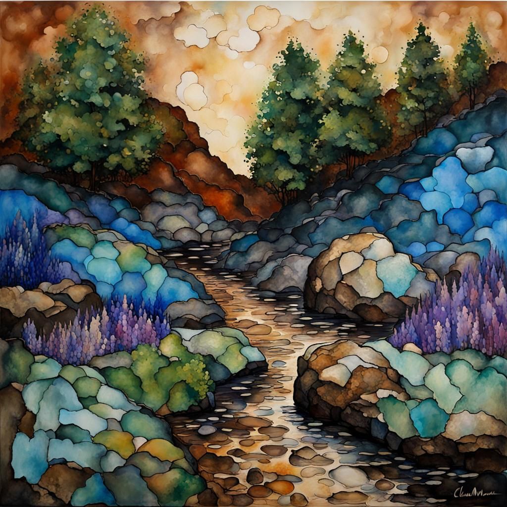 alcohol ink art :: Shawangunks :: brown rock wall face :: starry night black ink blue sage green lavender: neo-impressio...